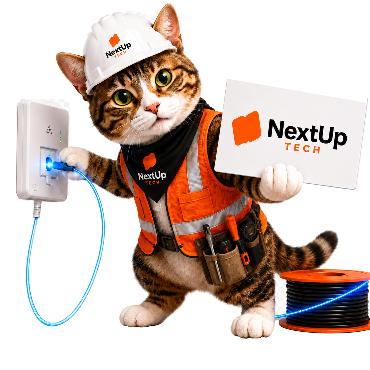 Tito, the NextUp Tech cat mascot, installing a fiber cable and presenting the company